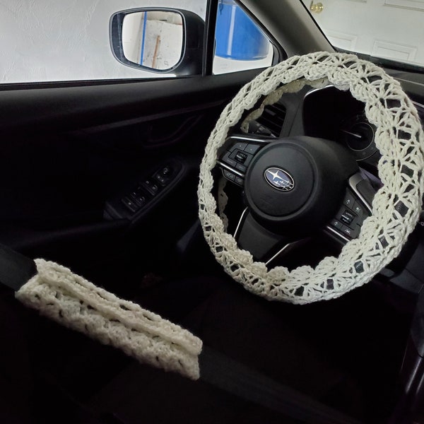 Steering Wheel Cover, Seat Belt Cover, Crochet Steering Wheel Cover, Car Accessories - soft white -CSWC 12F or CSBC5J