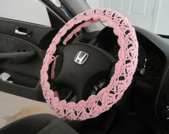 Crochet Steering Wheel Cover, steering wheel cover, car accessories - petal pink (CSWC 12C)