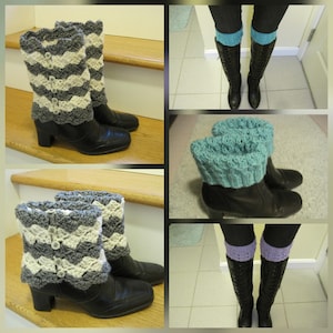 May include: A collection of crochet boot cuffs in various colors and patterns. The set includes grey and white chevron-patterned cuffs with buttons, as well as solid teal and lavender textured cuffs, all shown worn over black boots.