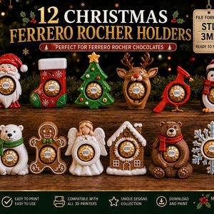 May include: A digital download set of 12 Christmas Ferrero Rocher holders featuring designs of Santa, a stocking, a tree, a reindeer, a cardinal, a penguin, a polar bear, a gingerbread person, an angel, a house, a bear, and a snowflake.