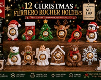 May include: A digital download set of 12 Christmas Ferrero Rocher holders featuring designs of Santa, a stocking, a tree, a reindeer, a cardinal, a penguin, a polar bear, a gingerbread person, an angel, a house, a bear, and a snowflake.