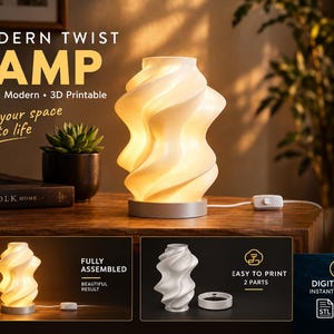 Pode incluir: Uma lâmpada imprimível em 3D com uma cúpula cilíndrica branca em espiral torcida e uma base circular. O texto diz MODERN TWIST LAMP, Stylish, Modern, 3D Printable, Bring your space to life, STL & 3MF FILE FORMATS, FDM OPTIMIZED, NO SUPPORTS REQUIRED, EASY ASSEMBLY, PERFECT FOR HOME DECOR, FULLY ASSEMBLED, EASY TO PRINT 2 PARTS, DIGITAL FILES INSTANT DOWNLOAD.
