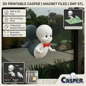 Casper spöke genom fönstret, 3D-utskrivbara STL 3MF-filer, flytande väggkonst, magnet- eller dubbelhäftande tejpdekor, kuslig Halloween-modell