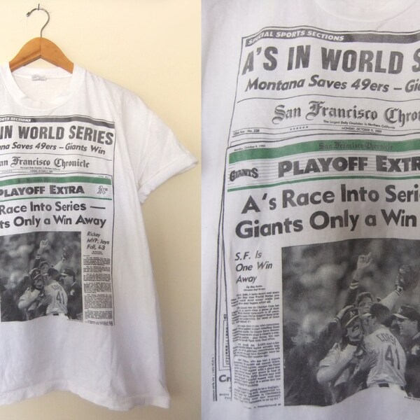 1989 Oakland A's Front Page T Shirt - Bay Area Sports History - Bay Bridge World Series Giants vs A's - Mens size L