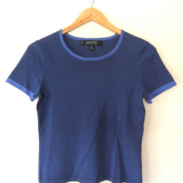 vintage KASPER Striped Knit T Shirt // 90s Crop Top Black & Cobalt Blue