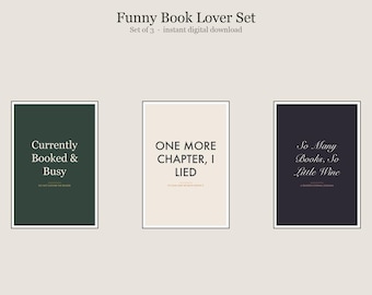 Funny Book Lover Wall Art Set of 3, Funny Book Lover Prints Bundle, Printable Gallery Set, Instant Download