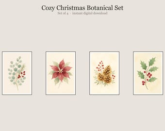 Cozy Christmas Botanical Set, Christmas Botanical Wall Art, Printable Gallery Wall Set of 4, Instant Digital Download