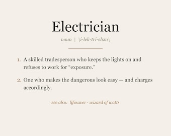 Electrician Definition Print, Funny Electrician Gift Wall Art, Electrician Appreciation Printable, Instant Digital Download