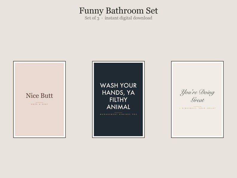 Funny Bathroom Wall Art Set of 3, Funny Bathroom Humor Prints Bundle, Printable Gallery Set, Instant Download image 1