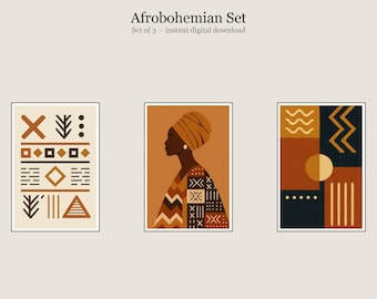Zestaw afrobohemski, sztuka ścienna afrobohemska, zestaw 3 grafik ściennych do druku, natychmiastowe pobranie cyfrowe
