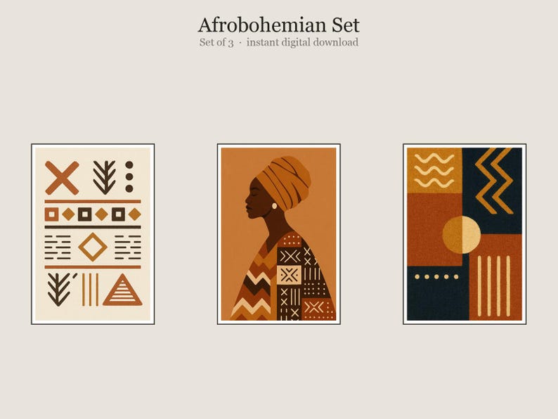 Afrobohemian Set, Afrobohemian Wall Art, Printable Gallery Wall Set of 3, Instant Digital Download image 1