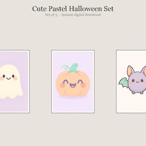 Pastelkleurige Halloween-spookjes, pompoenen en vleermuizenprints (digitale download)