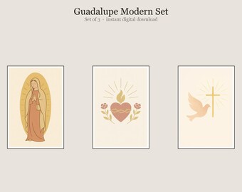 Guadalupe Modern Set, Virgen De Guadalupe Catolico Wall Art, Printable Gallery Wall Set of 3, Instant Digital Download