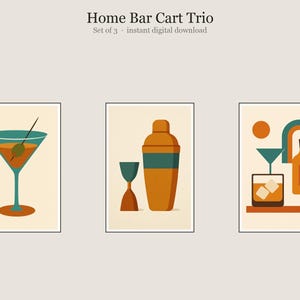 Home Bar Cart Trio, Home Bar Cart Cocktail Wall Art, Printable Gallery Wall Set of 3, Instant Digital Download