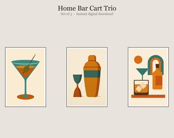 Home Bar Cart Trio, Home Bar Cart Cocktail Wall Art, Zestaw 3 grafik ściennych do druku, Natychmiastowe pobranie cyfrowe