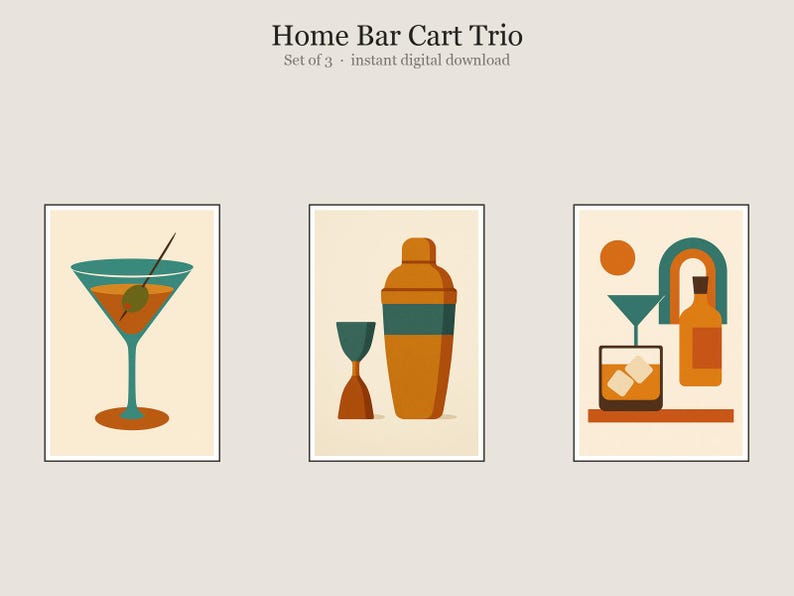 Home Bar Cart Trio, Home Bar Cart Cocktail Wall Art, Printable Gallery Wall Set of 3, Instant Digital Download image 1