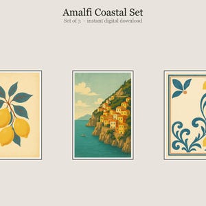 Amalfi Coastal Set, Amalfi Mediterranean Coastal Wall Art, Printable Gallery Wall Set of 3, Instant Digital Download image 1