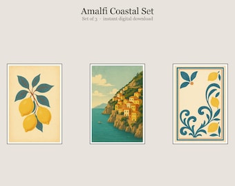 Amalfi Coastal Set, Amalfi Mediterranean Coastal Wall Art, Printable Gallery Wall Set of 3, Instant Digital Download