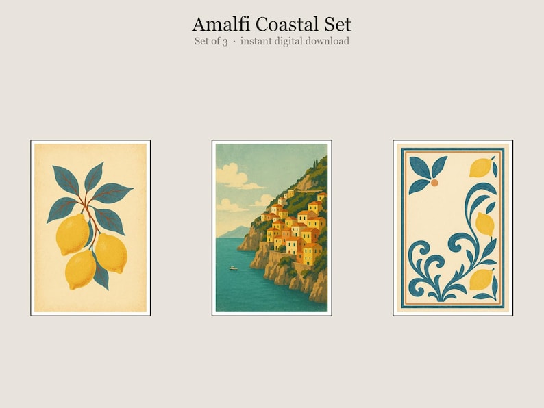 Amalfi Coastal Set, Amalfi Mediterranean Coastal Wall Art, Printable Gallery Wall Set of 3, Instant Digital Download image 1
