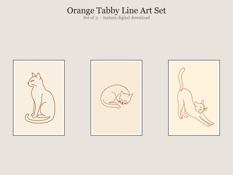 Orange Tabby Line Art Set, Orange Tabby Cat Line Art Wall Art, Printable Gallery Wall Set of 3, Instant Digital Download image 1