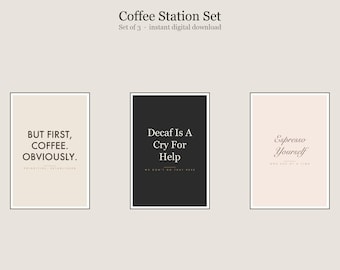 Coffee Station Wall Art Set, Funny Quotes, Kitchen Gallery Prints (Digital Download)