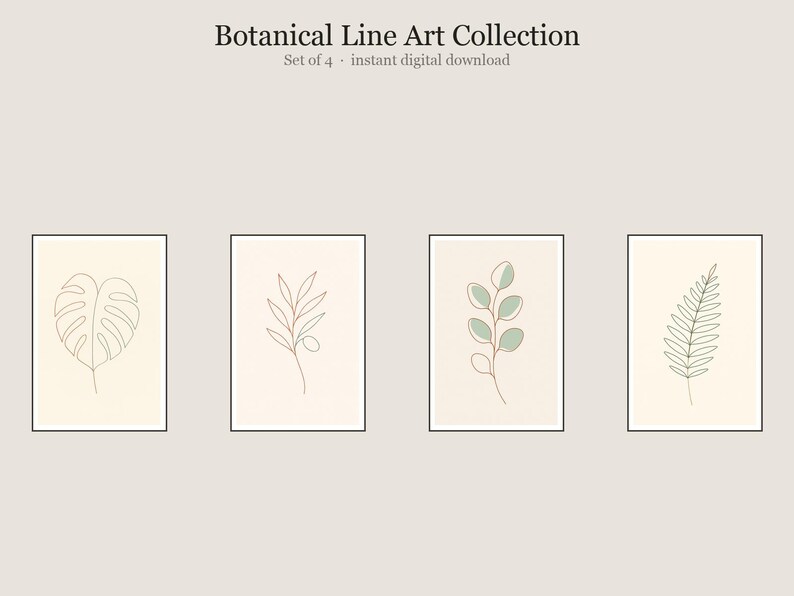 Botanical Line Art Collection, Botanical Line Art Wall Art, Printable Gallery Wall Set of 4, Instant Digital Download image 1