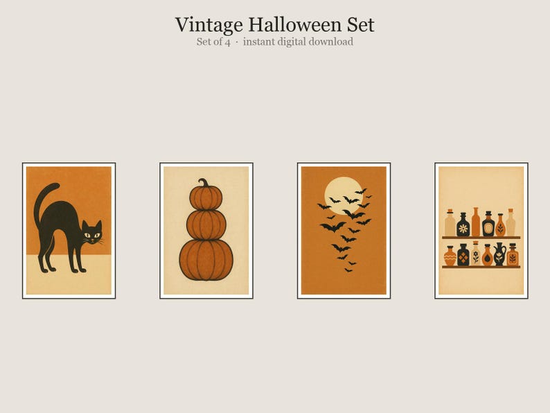 Vintage Halloween Set, Vintage Halloween Wall Art, Printable Gallery Wall Set of 4, Instant Digital Download image 1