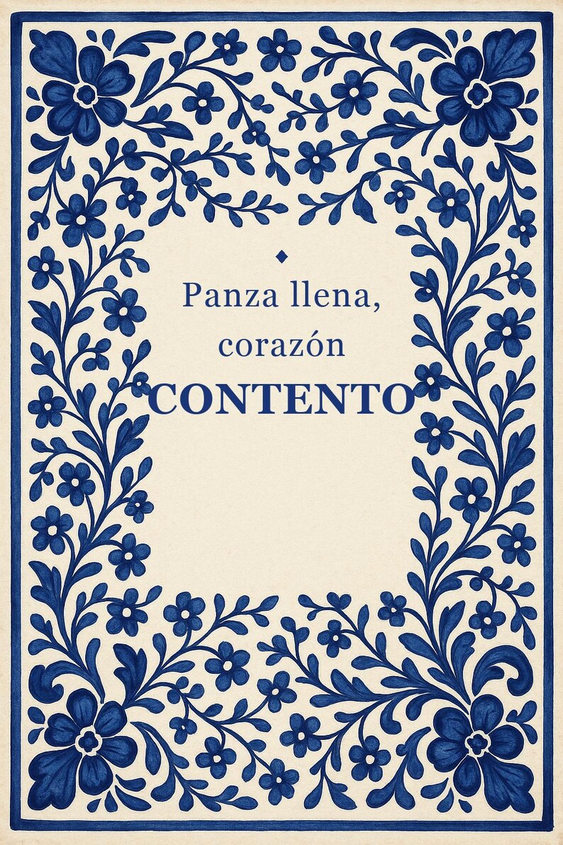 Panza Llena Corazón Contento Print, Spanish Talavera Tile Wall Art, Mexican Kitchen Decor, Frase en Español, Instant Digital Download image 1