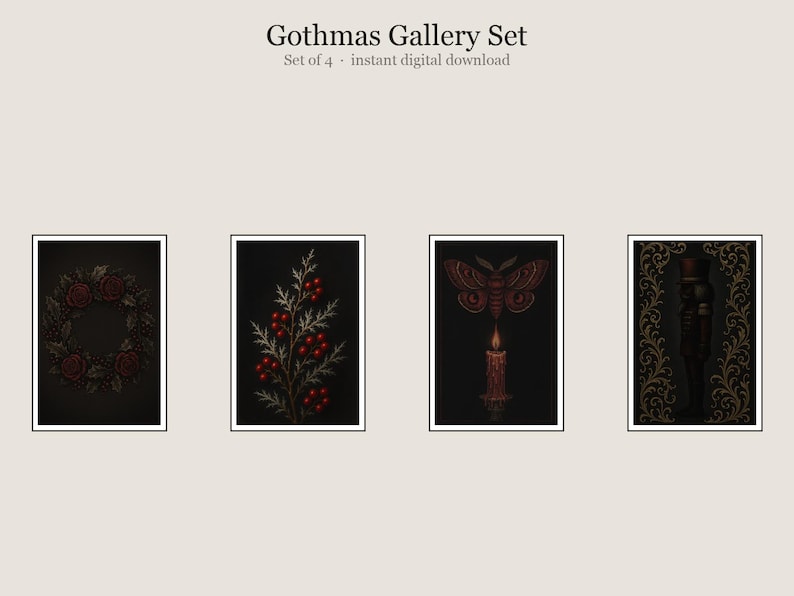 Gothmas Gallery Wall Art Set, Gothic Christmas Prints, Botanical, Nutcracker (Digital Download) image 1