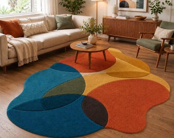 Abstract Wavy Edge Rug | Mid Century Venn Diagram Area Rug, Teal Orange