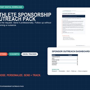 Può includere: Un pacchetto digitale di prospezione per la sponsorizzazione di atleti che include un modello di lettera di richiesta di sponsorizzazione e una dashboard di monitoraggio con metriche per prospect, incontri e stato, 5 lettere, 15 script e un tracker Excel.