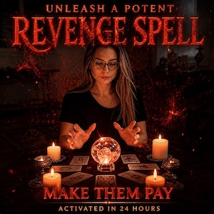 May include: A glowing crystal ball sits on a dark surface surrounded by four lit white pillar candles in metal holders and several tarot cards. The text reads UNLEASH A POTENT REVENGE SPELL, MAKE THEM PAY, and ACTIVATED IN 24 HOURS in red.