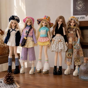 Puede incluir: Cinco muñecas articuladas de pie en fila, cada una con atuendos distintos que incluyen sombreros, tops, faldas, pantalones y zapatos de plataforma. Las muñecas presentan variados colores de cabello, estilos y ropa superpuesta con diversos estampados.