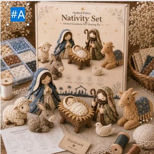 May include: A Quilted Fabric Nativity Set Animal Guardians DIY Sewing Kit box featuring illustrations of crocheted figures. The set includes crocheted figures of a person in a blue cloak, a person in a green cloak, a baby in a manger, a sheep, a donkey, a camel, and a dove.