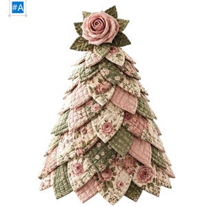 May include: A cone-shaped decorative tree made of quilted fabric petals in alternating patterns of solid dusty pink, sage green, and a floral print featuring pink roses on a cream background, topped with a large, dimensional fabric rose.