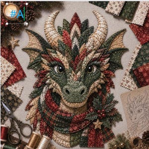Puede incluir: Un tapiz de tela acolchada con forma de dragón que presenta escamas superpuestas en tonos rojo, verde y crema. El dragón lleva una bufanda de cuadros y está decorado con una ramita de acebo. El diseño incluye dos grandes cuernos y alas anchas.