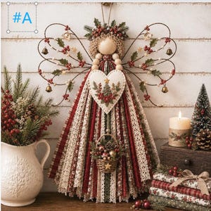 May include: A decorative wall hanging angel ornament featuring a wooden bead head, a heart-shaped center piece with a tree design, and a skirt made of layered fabric strips in red, green, and cream. The wings are wire with holly, berries, and bells.