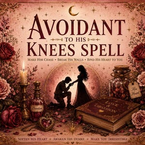 Könnte beinhalten: Eine rechteckige Grafik mit dem Text AVOIDANT TO HIS KNEES SPELL, MAKE HIM CHASE, BREAK HIS WALLS, BIND HIS HEART TO YOU, LOVE & OBSESSION, SOFTEN HIS HEART, AWAKEN HIS DESIRE, MAKE YOU IRRESISTIBLE und HIS HEART auf einem Etikett.