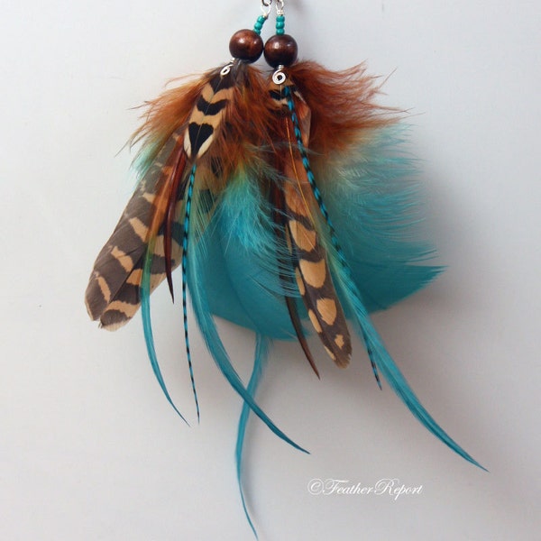 Short Feather Earrings Turquoise Brown Boho Feather Earrings Country Girl Earrings Real Feathers Wood Beads Partridge Turkey Feather Jewelry