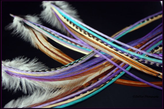 Long Feather Extension Kit Aqua Purple Hair Feathers Bonded Etsy