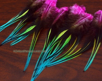 Rainbow Feathers for Crafts Colorful Rooster Feathers Hot Pink Yellow Turquoise Blue Mask Feathers Ornamental Feathers for Pride Festival 18