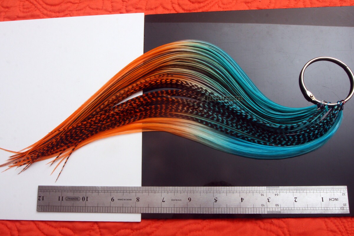 XL 11-14" Turquoise Orange Hair Feather Extensions DIY Kit / Fea…