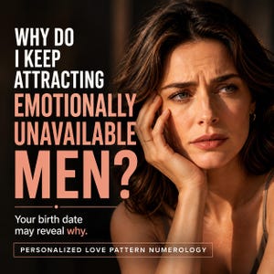 May include: A digital graphic featuring a person with brown hair and a concerned expression. The text reads: WHY DO I KEEP ATTRACTING EMOTIONALLY UNAVAILABLE MEN? Your birth date may reveal why. PERSONALIZED LOVE PATTERN NUMEROLOGY.