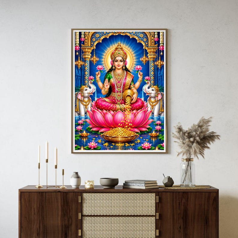 Indian Goddess Lakshmi Wall Art Printable | Hindu Goddess Lotus Print ...