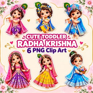 Könnte beinhalten: Sechs digitale Illustrationen von Kleinkind-Radha und Krishna-Figuren in traditioneller Kleidung mit leuchtenden Farben, Pfauenfedern und Blumenakzenten. Der Text lautet CUTE TODDLER RADHA KRISHNA 6 PNG Clip Art auf einem zartrosa Hintergrund.