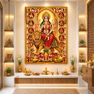 Puede incluir: Una impresión de arte mural rectangular que presenta a la diosa hindú Durga con múltiples brazos, sentada sobre un león. La obra de arte está enmarcada en oro y muestra colores vibrantes rojo, verde y amarillo, rodeada de retratos circulares de deidades.