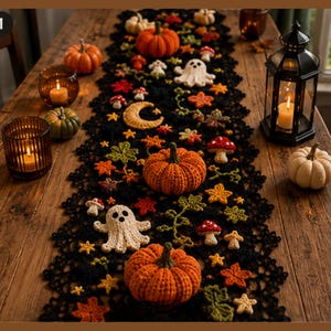 May include: A black crocheted table runner featuring three-dimensional orange pumpkins, white ghosts, red and white mushrooms, yellow stars, a crescent moon, and various autumn leaves. The runner has a scalloped lace edge and a textured yarn finish.