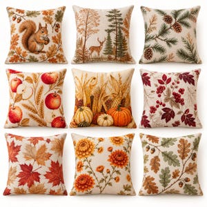 May include: A set of nine square throw pillows featuring various seasonal prints including a squirrel with acorns, a deer in a forest, pinecones, red apples, pumpkins with corn, red berries, maple leaves, orange chrysanthemums, and oak leaves.