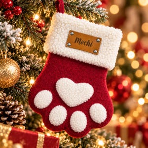 May include: A red felt Christmas stocking shaped like a paw print with a white sherpa cuff. The cuff features a rectangular brown leather tag with the name Mochi engraved in black. The stocking has a large white heart-shaped pad and four smaller white oval pads made of textured sherpa material.