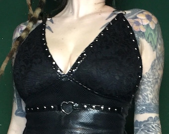 Black faux leather and lace top with studs